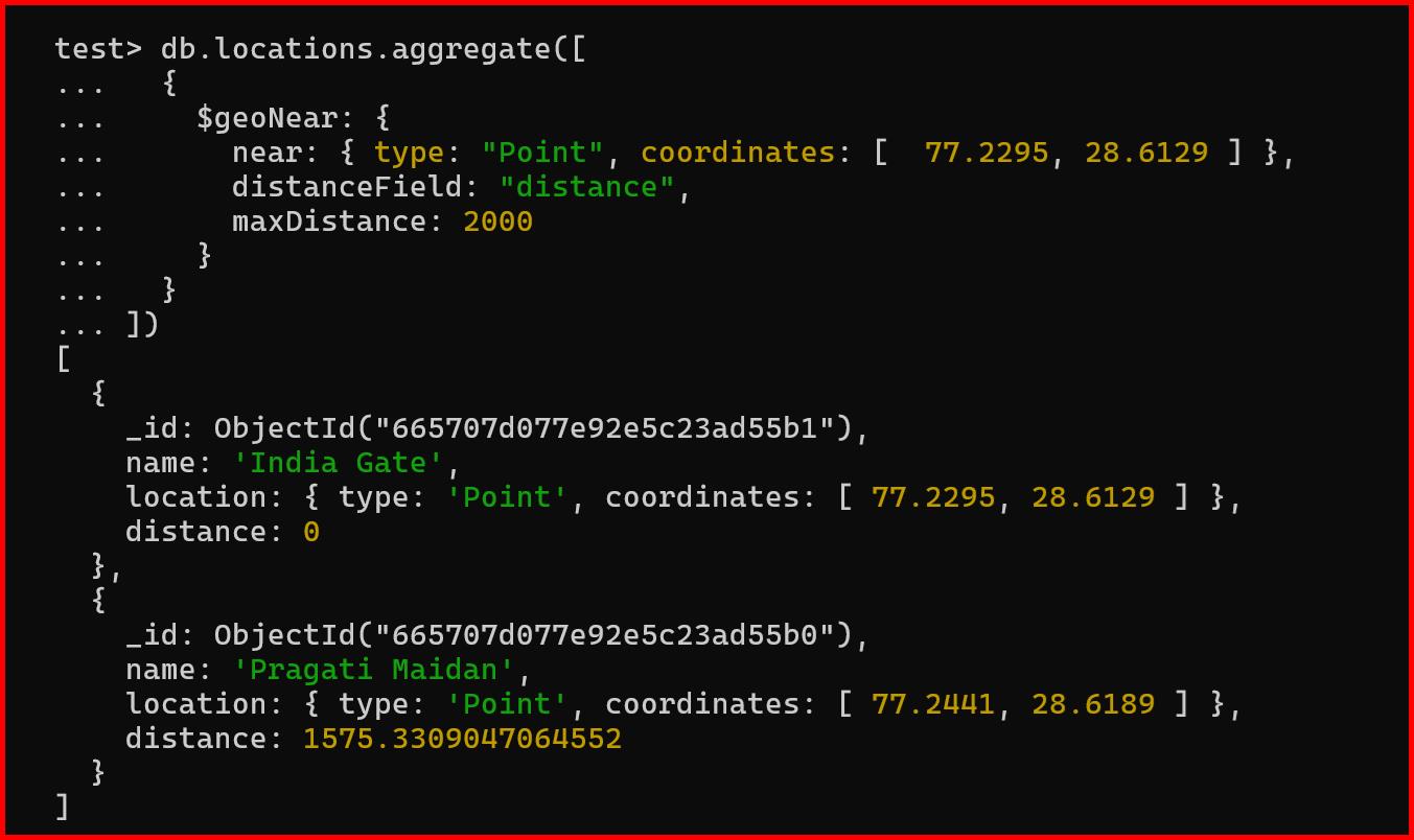 Picture showing the output of $geonear aggregation stage in mongodb